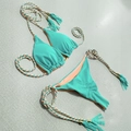 Two-piece contrast bikini set in mint and orange with braided tassels and metallic accents - Lake Blue+Orange
