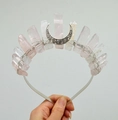 Pink and clear natural crystal moon crown headpiece with silver wire wrapping - Rose Quartz + Clear Quartz