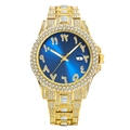 Luxury gold men's watch with iced-out crystals, blue sunray dial and Arabic numerals - Gold Case Blue Dial