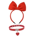 Dettaglio cerchietto in velluto rosso con fiocco e choker con ciondolo a cuore - 14# Fiocco a Quadri + Choker in PU Rosso Cuore