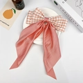 Pink satin and plaid checkered large bow hair clip with long elegant ribbons on a plate - Small Pink Plaid