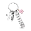Porte-clés infirmière avec stéthoscope argenté, seringue et breloque fleur de cerisier - Style de fleur de cerisier stéthoscope médical (JR35)