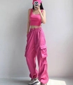 Pink two-piece cargo set with cropped tank top and loose multi-pocket wide leg pants - S / Rose Red