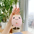 Close-up of pink bubble tea plush keychain with strawberry embroidery and a silver ring - Big Eyes/Normal Chain / Pink