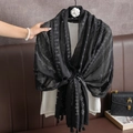 Elegant black cotton linen scarf with white patterns and tassels for beach photography - Black