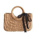 Handwoven straw tote bag in light brown with black lace bow accent and round handles - Khaki / Small