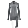 Detail of grey polo collar mini dress with ruched drawstring and elastic fabric texture - L / Gray