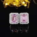 Elegant pink zircon stud earrings with emerald cut center stone and halo diamonds - Emerald Cut Pink Style (E1997)