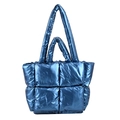 Metallic blue quilted down tote bag with dual handles and puffy checkered padding texture - Blue