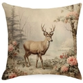 Vintage Christmas pillowcase with reindeer and forest illustration on beige fabric - YMD511-6 (Stag & Pink Flowers)