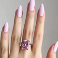 Elegant long almond silver ring with large rectangular pink gemstone on hand - Long Glossy Square / Light Purple Blue