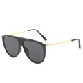 Occhiali da sole neri oversize con borchie argento e aste sottili in metallo oro - Montatura Nera Lenti Grigio Nero