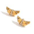 Golden croissant heart earrings with vertical stripes and white zircon inlay - Casting Croissant Rhinestone Stud Earrings - Gold - White
