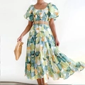 Vestido largo bohemio con hombros descubiertos, estampado floral y cinturón - S / Floral Vibrante Multi