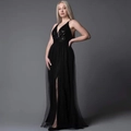 Elegant black V-neck evening gown with sequined bodice and slit tulle skirt - XS / Black
