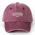 Detail of embroidered CALIFORNIA WEST COAST lettering on burgundy washed cotton cap - One Size / Burgundy