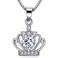 Detailed view of silver crown pendant featuring a heart-cut cubic zirconia on a box chain - 925 Silver / White Stone Pendant Only