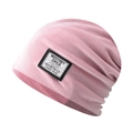 Close-up of pink chenille knit beanie showing vintage fabric patch and soft texture - Adjustable / Pink