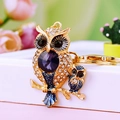 Golden owl keychain with purple crystal and blue enamel details, crystal bird bag charm - A430 Owl N Black