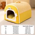 Yellow semi-enclosed long plush dog bed with cartoon design and size chart overlay - S (Up to 3.5kg) / Yellow Cartoon Eye House