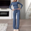 Women's blue ribbed knit two-piece set with long sleeve top and drawstring wide leg pants - S / Denim Blue