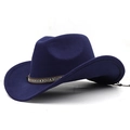 Detail of navy blue wool felt cowboy hat featuring a colorful tribal geometric hatband - Navy Blue
