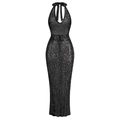 Detailansicht des Neckholder-Designs und der schimmernden schwarzen Pailletten am Kleid - S / Schwarz