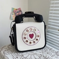 Creative retro telephone-shaped shoulder bag in cream white with a heart-shaped dial - Large / 23x20x11cm / Black and White