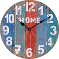 Retro rustic wooden wall clock with colorful拼接 boards and white HOME text design - Blue Distressed HOME