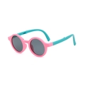 Foldable kids sunglasses with round pink frames and blue temples for UV protection - Pink Frame Green Leg