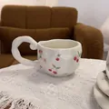 French retro ceramic coffee mug featuring red cherry floral patterns and wavy handle - Girly Heart Cherry Single Mug / Single Cup