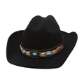 Chapeau de cow-boy en feutre noir avec bandeau ethnique perlé de turquoise et d'ambre style - Taille unique / Noir