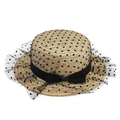 Classic summer sun straw boater hat with black ribbon and polka dot mesh veil - L (58-60cm) / Polka Dot Mesh Bow Boater Hat(7#)