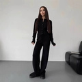 Women's black knit two-piece set featuring short button cardigan and high waist wide leg pants - S / Black