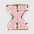 Pink chenille embroidered letter X patch with gold glitter borders and white felt base - Letter X