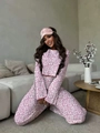 Detailed view of pink leopard print pajama set including crop top, pants, and sleep mask - S / Pink Leopard