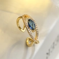 Gold plated open ring with blue marquise gemstone and cubic zirconia accents - Adjustable Open / Dark Blue (13496)