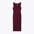 Elegantes ärmelloses Strick-Midikleid in Weinrot mit Metallschmuck am Ausschnitt - S / Fuchsie