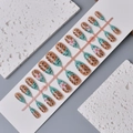 French almond press-on nails with leopard print and 3D floral accents on turquoise base - Wy-095 / 10 Pieces In Xs Size