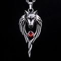Vintage silver wolf head pendant necklace with square red gemstone for men - Antique Silver Red Stone