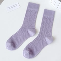 Light purple cotton crew socks featuring delicate wavy openwork knit patterns and ribbed cuffs - One Size / Vine Purple