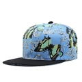 Detail of blue snapback hat featuring printed butterfly and gold scroll patterns - Adjustable / Flat Brim / Light Blue Butterfly