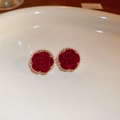 Detailed view of red velvet rose earrings with white pearls in a white ceramic dish - 30# Silver Needle - Red - Flower Pearl (Real Gold Plated)