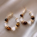 Detailed view of golden hoop earrings with tiger eye and opal beads on silk fabric - 6# Tiger Eye Cat's Eye Hoop (925 Silver Pin Gold Plated)