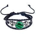 Bracelet en cuir tressé noir avec pierre de malachite verte et perles argentées - Malachite (Synthétique)