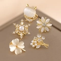 Five-piece gold brooch set featuring clover and opal designs with pearls and zircons - Fashion 5-Piece Set