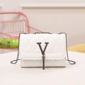Chic white quilted shoulder bag with black metal V-logo and tassel chain decoration - White