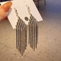 Elegant long tassel drop earrings with black and white rhinestones in gold setting - Black & White Rhinestone Tassel (159)