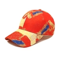 Detail of red tie-dye baseball cap featuring artistic yellow and blue spray paint patterns - M / Red