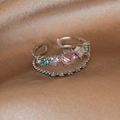 Macro shot of double-layered silver ring with colorful cubic zirconia on silk background - Adjustable Open / 12# Large Pink Zircon (Silver)